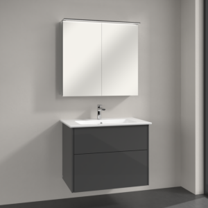 Villeroy & Boch Finero Badmöbel Set 80 cm, Glossy Grey Waschtisch mit Waschtischunterschrank und Spiegelschrank