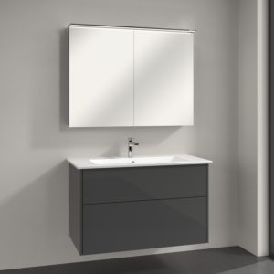 Villeroy & Boch Finero Badmöbel Set 100 cm, Glossy Grey Waschtisch mit Waschtischunterschrank und Spiegelschrank