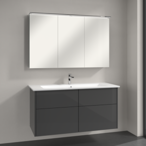 Villeroy & Boch Finero Badmöbel Set 120 cm, Glossy Grey Waschtisch mit Waschtischunterschrank und Spiegelschrank