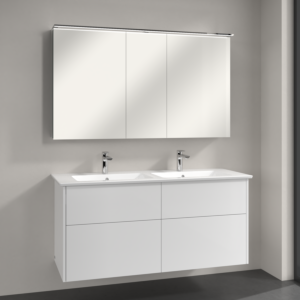 Villeroy & Boch Finero Badmöbel Set 130 cm, Glossy White Waschtisch mit Waschtischunterschrank und Spiegelschrank