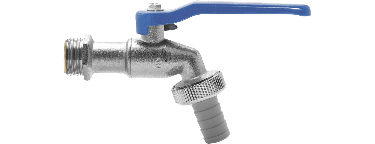 Vanne à boisseau sphérique ASW 422507 1/2", poignée bleue, laiton chromé mat, avec raccord de tuyau 2