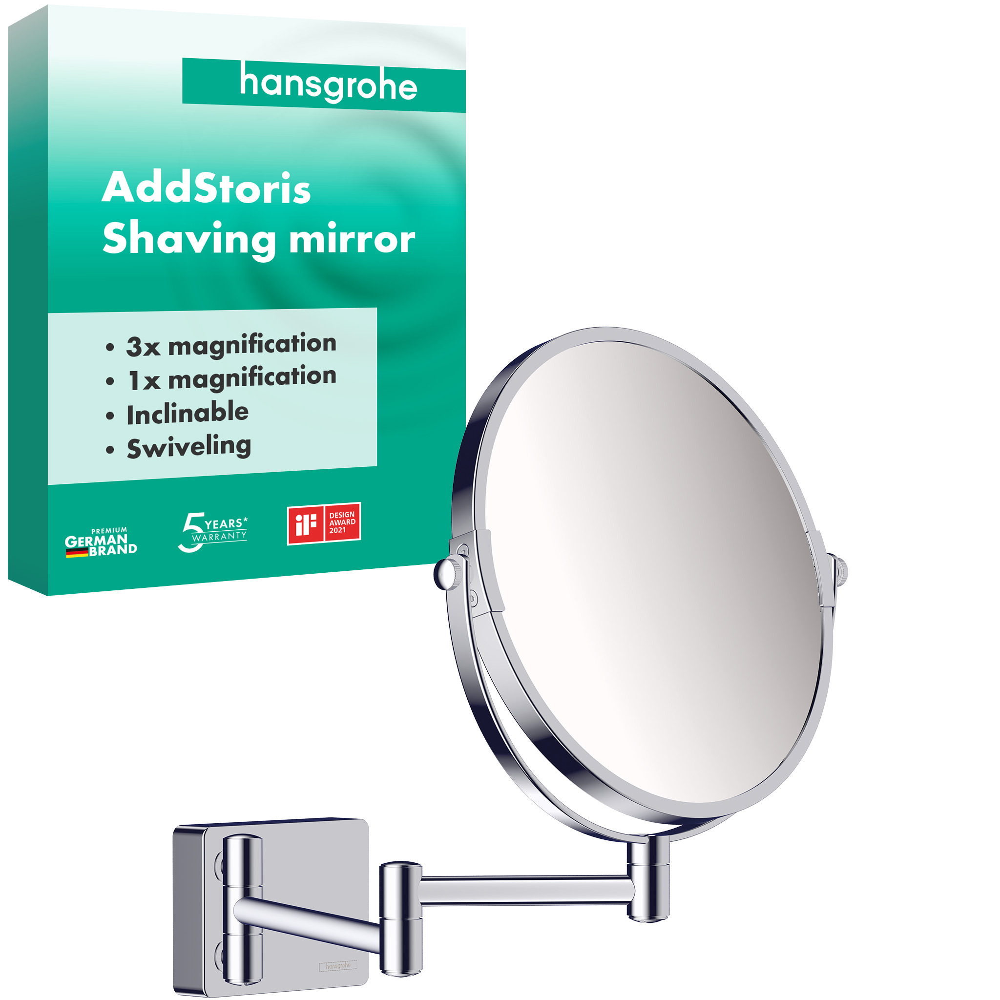 Miroir de rasage Hansgrohe AddStoris 41791000, grossissement 1x et 3x, fixation murale, chromé 4