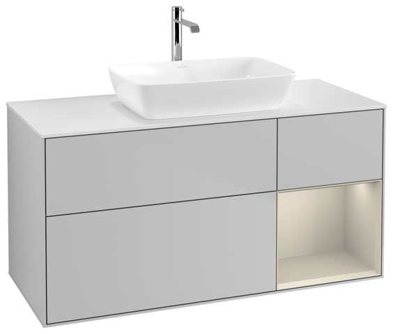 Villeroy und Boch Villeroy et Boch Finion Villeroy et Boch G831HHGJ 120cm, plaque de recouvrement blanc mat, Emotion, étagères sable laqué mat, gris clair mat 2